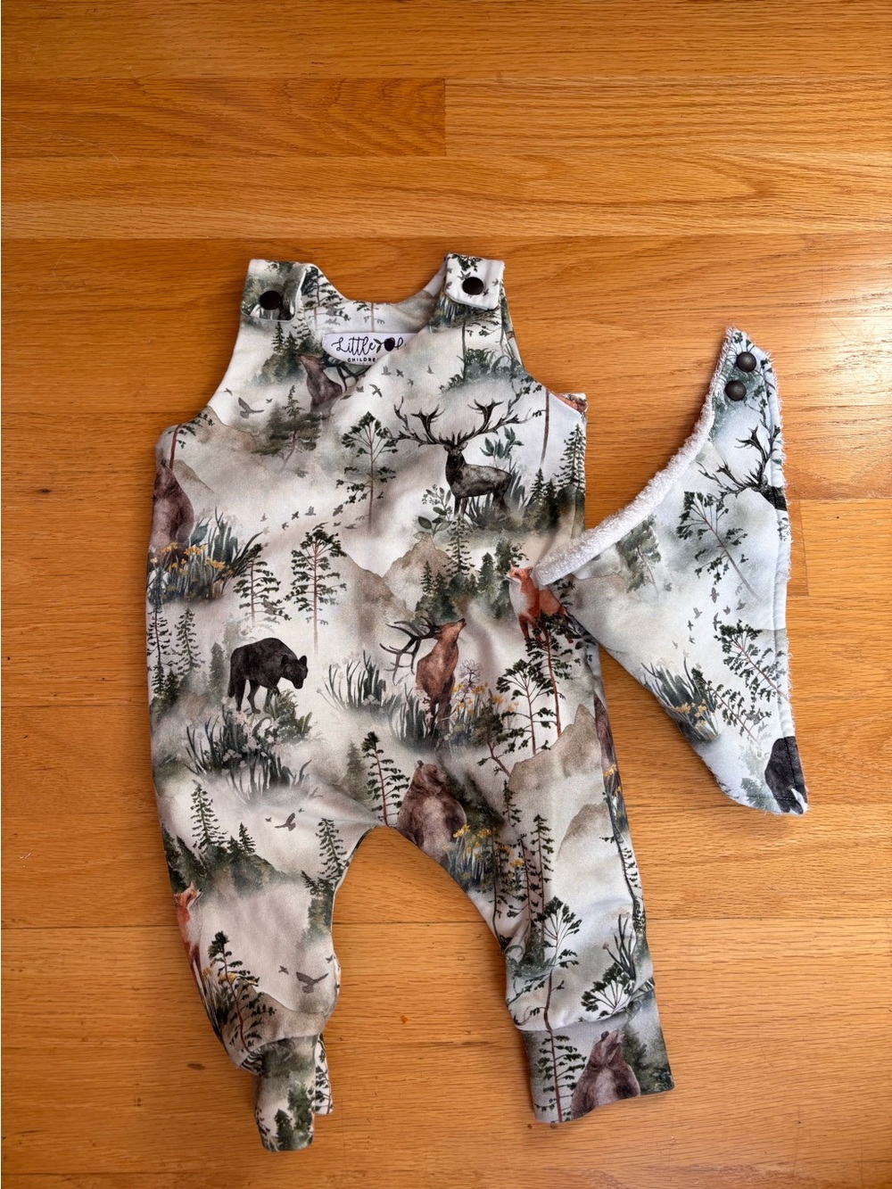 Forest Print Baby One-Piece with Matching Bib - Cream & Green